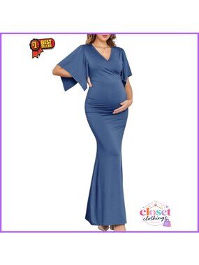 Maternity Maxi Dress Sparkly Baby Shower Formal V-Neck Handkerchief Sleeve